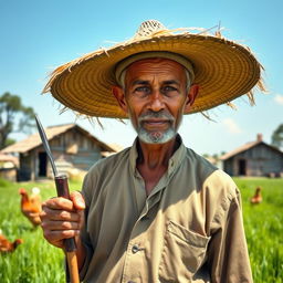 A portrait of a village man, dressed in traditional attire, standing proudly in a lush green field
