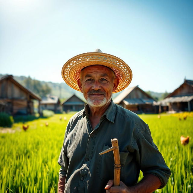 A portrait of a village man, dressed in traditional attire, standing proudly in a lush green field