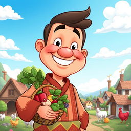 A cartoon-style illustration of a cheerful village man, wearing colorful traditional clothing with a large smile