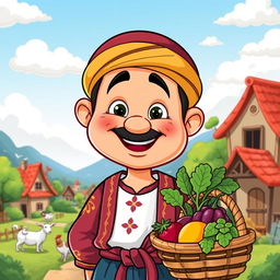 A cartoon-style illustration of a cheerful village man, wearing colorful traditional clothing with a large smile