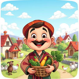 A cartoon-style illustration of a cheerful village man, wearing colorful traditional clothing with a large smile