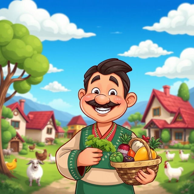 A cartoon-style illustration of a cheerful village man, wearing colorful traditional clothing with a large smile