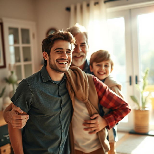 A heartwarming scene of a young man joyfully returning home with a big smile on his face, embracing the warmth of family reunion