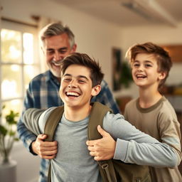 A heartwarming scene of a young man joyfully returning home with a big smile on his face, embracing the warmth of family reunion