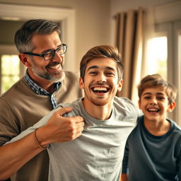 A heartwarming scene of a young man joyfully returning home with a big smile on his face, embracing the warmth of family reunion