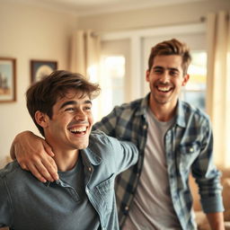 A heartwarming scene of a young man joyfully returning home with a big smile on his face, embracing the warmth of family reunion