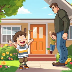 A cheerful cartoon scene depicting a young boy joyfully arriving home, smiling brightly as he sees his father and brother waiting for him at the front door
