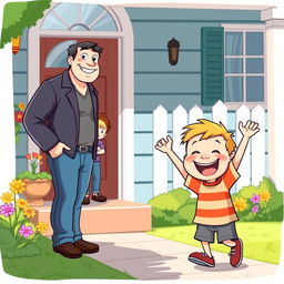 A cheerful cartoon scene depicting a young boy joyfully arriving home, smiling brightly as he sees his father and brother waiting for him at the front door