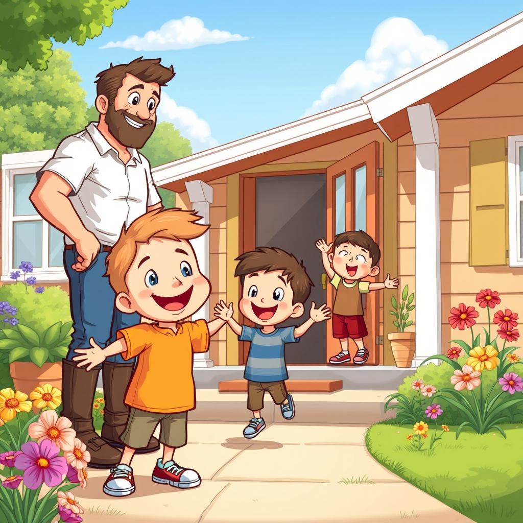 A cheerful cartoon scene depicting a young boy joyfully arriving home, smiling brightly as he sees his father and brother waiting for him at the front door