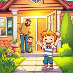 A cheerful cartoon scene depicting a young boy joyfully arriving home, smiling brightly as he sees his father and brother waiting for him at the front door