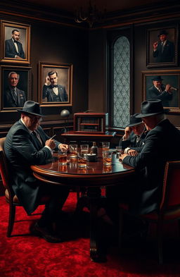 A mysterious Mafia meeting taking place in a dimly lit backroom of an upscale restaurant