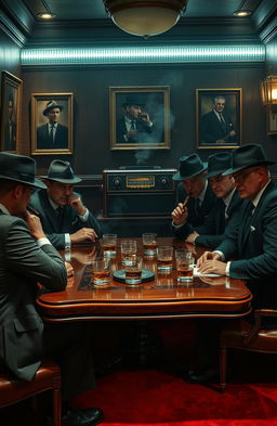 A mysterious Mafia meeting taking place in a dimly lit backroom of an upscale restaurant