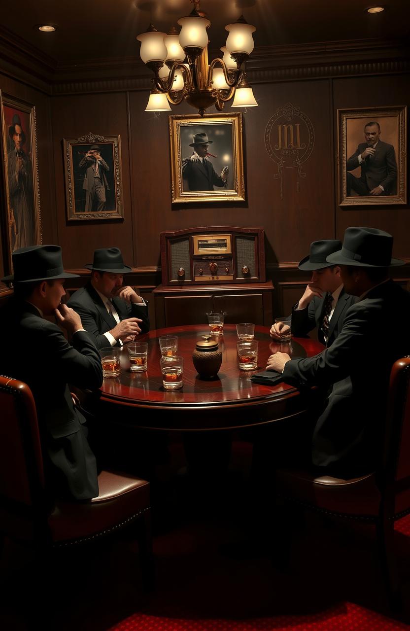 A mysterious Mafia meeting taking place in a dimly lit backroom of an upscale restaurant