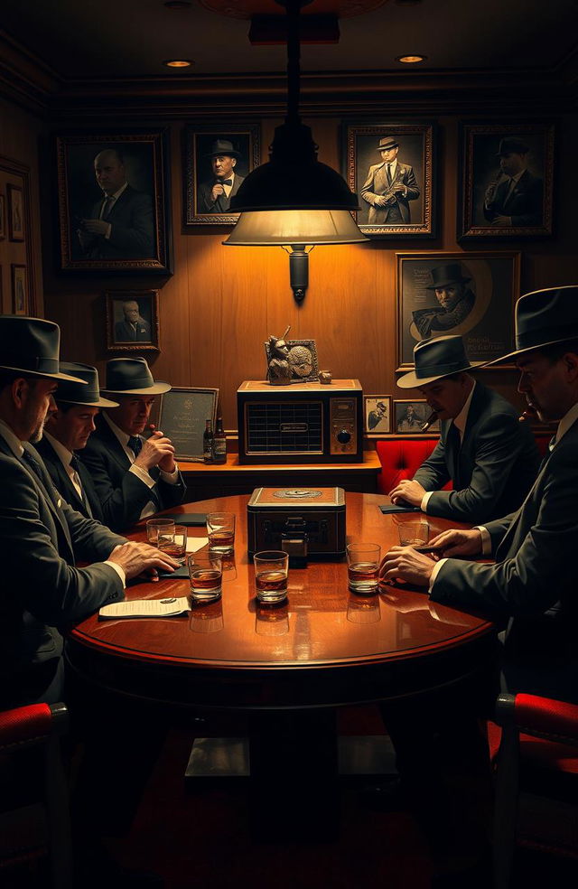 A mysterious Mafia meeting taking place in a dimly lit backroom of an upscale restaurant