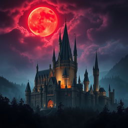 A magnificent, large castle surrounded by a dense, mystical forest during night time