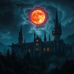 A magnificent, large castle surrounded by a dense, mystical forest during night time