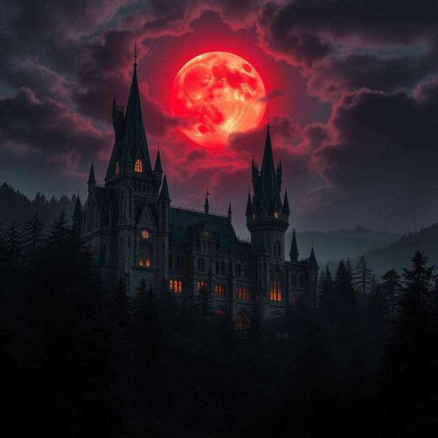 A magnificent, large castle surrounded by a dense, mystical forest during night time