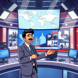 A dynamic and engaging illustration of a news anchor presenting current affairs, set in a modern news studio with high-tech equipment