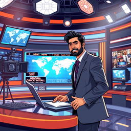 A dynamic and engaging illustration of a news anchor presenting current affairs, set in a modern news studio with high-tech equipment