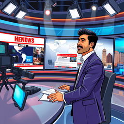 A dynamic and engaging illustration of a news anchor presenting current affairs, set in a modern news studio with high-tech equipment