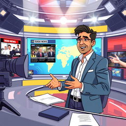 A dynamic and engaging illustration of a news anchor presenting current affairs, set in a modern news studio with high-tech equipment