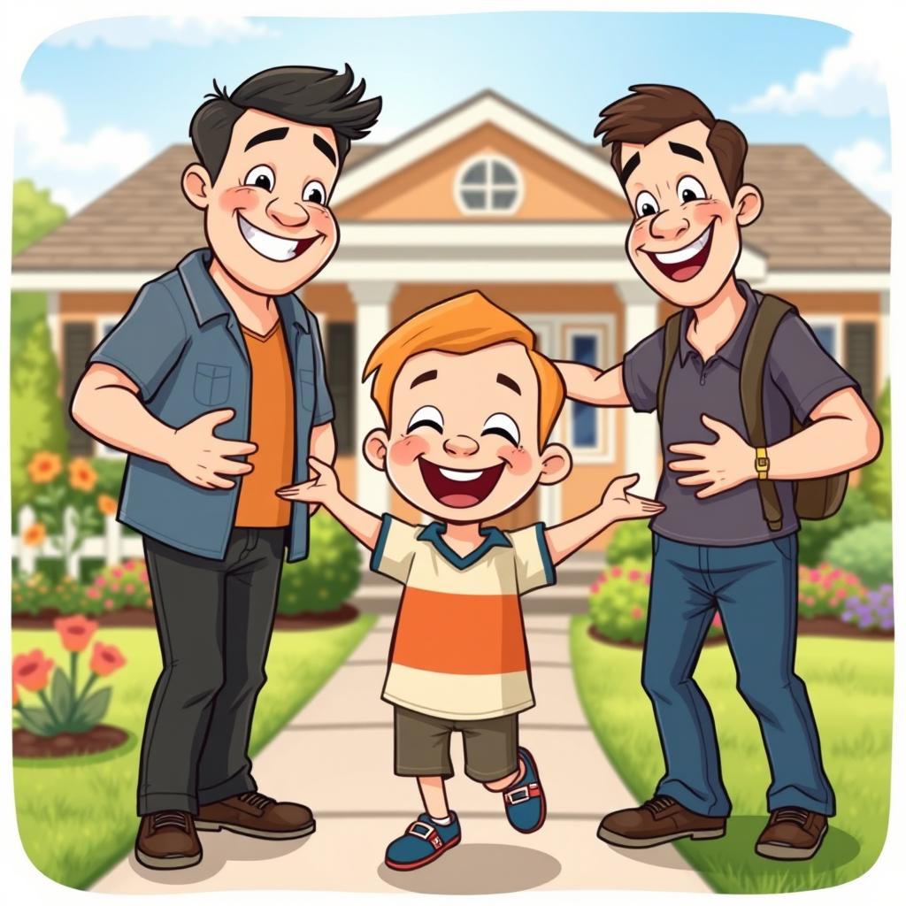 A cheerful cartoon scene depicting a young boy happily returning home, beaming with a wide smile as he greets his father and older brother