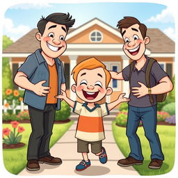 A cheerful cartoon scene depicting a young boy happily returning home, beaming with a wide smile as he greets his father and older brother