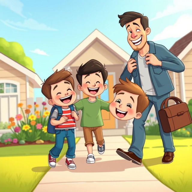 A cheerful cartoon scene depicting a young boy happily returning home, beaming with a wide smile as he greets his father and older brother