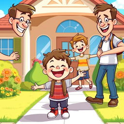 A cheerful cartoon scene depicting a young boy happily returning home, beaming with a wide smile as he greets his father and older brother