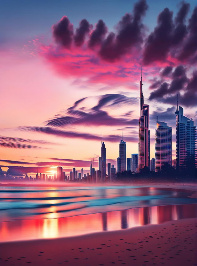 A digital art image of dawn at the Gold Coast, featuring a serene ocean, a soft pastel sky, and the city skyline silhouetted against the emerging daylight