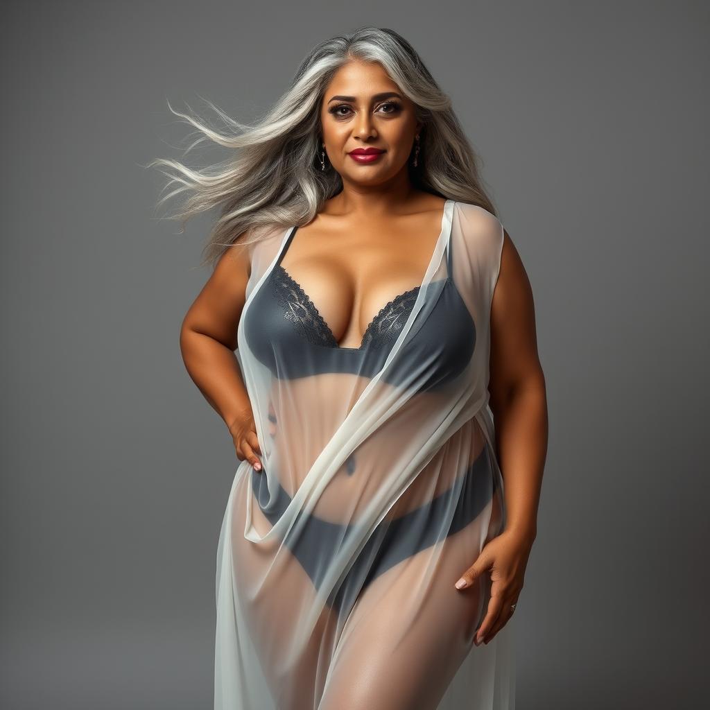 A stunning portrait of a 55-year-old Indian plus-size woman, characterized as a buxom and passionately voluptuous 'cougar'