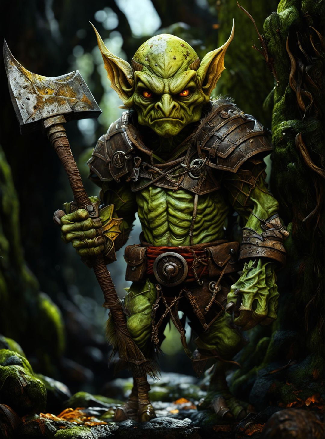 This is a high-quality digital art image of a hobgoblin, a green-skinned, mischievous creature clad in battle-worn armor, holding a rusty axe, and standing in the midst of a dark, dense forest