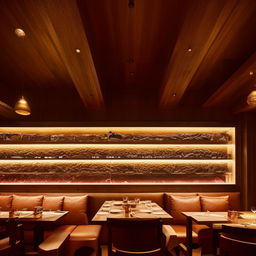 A steakhouse interior with warm, inviting lights, tasteful furniture, and a stunning feature wall with a transparent fridge showcasing an array of high-quality steaks hung for aging.