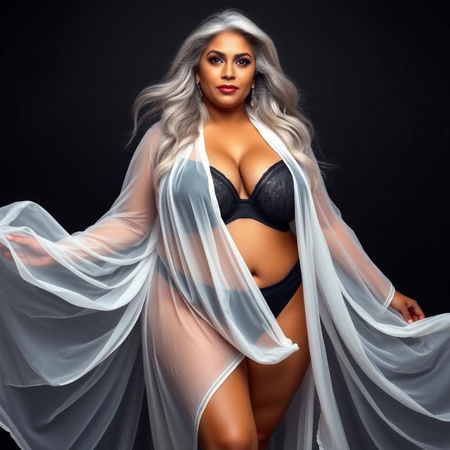 A stunning portrait of a 55-year-old Indian plus-size woman, characterized as a buxom and passionately voluptuous 'cougar'