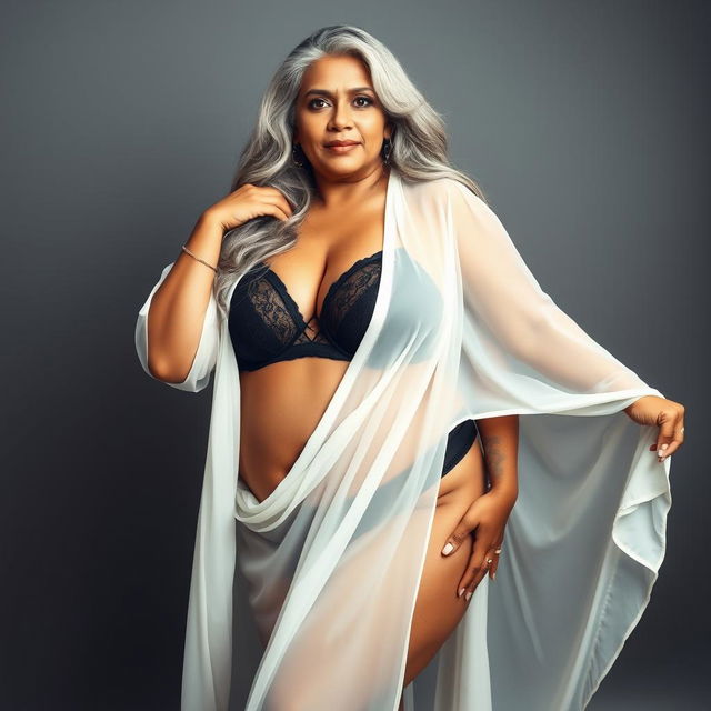 A stunning portrait of a 55-year-old Indian plus-size woman, embodying the essence of a buxom and passionately voluptuous 'cougar'