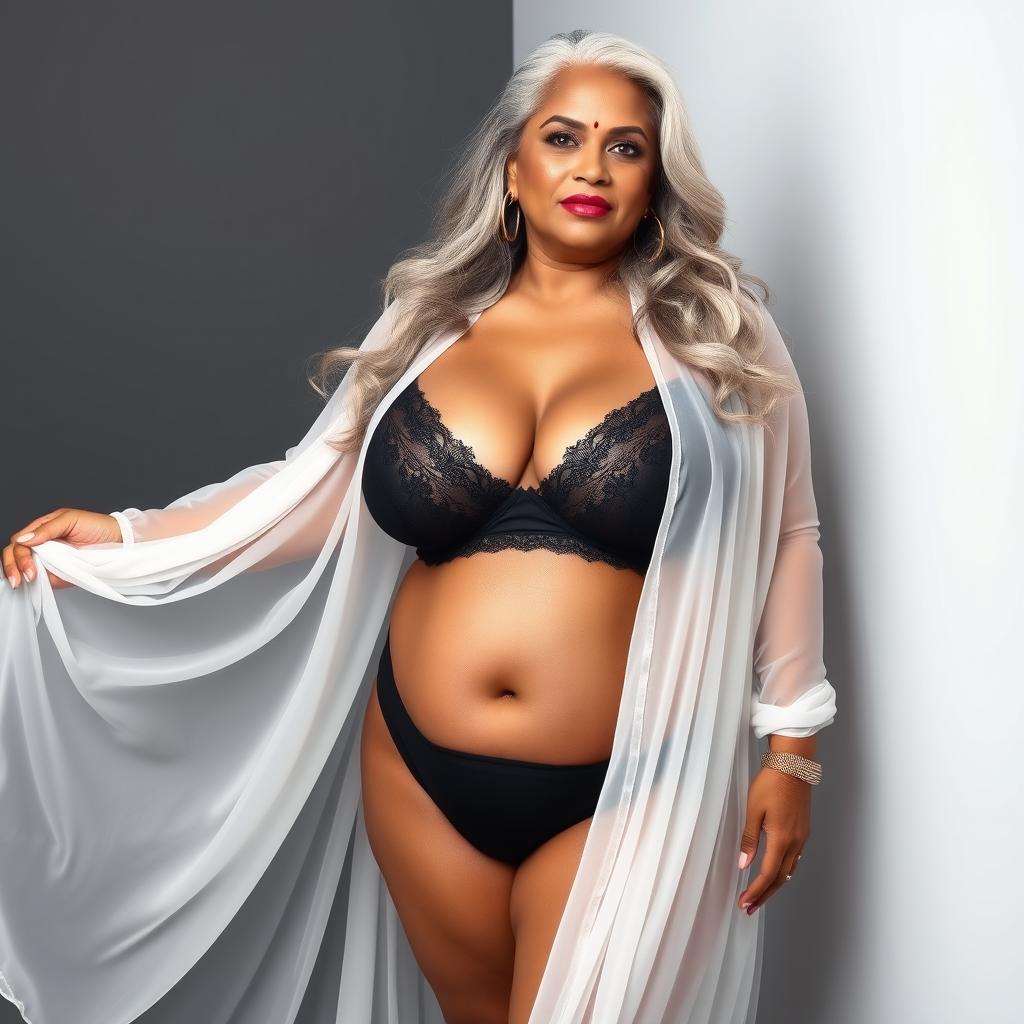 A stunning portrait of a 55-year-old Indian plus-size woman, embodying the essence of a buxom and passionately voluptuous 'cougar'