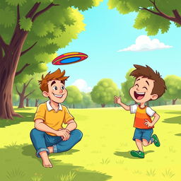 A vibrant and cheerful cartoon scene depicting a father playing with his two sons in a sunny park