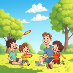 A vibrant and cheerful cartoon scene depicting a father playing with his two sons in a sunny park