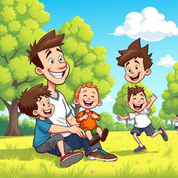 A vibrant and cheerful cartoon scene depicting a father playing with his two sons in a sunny park