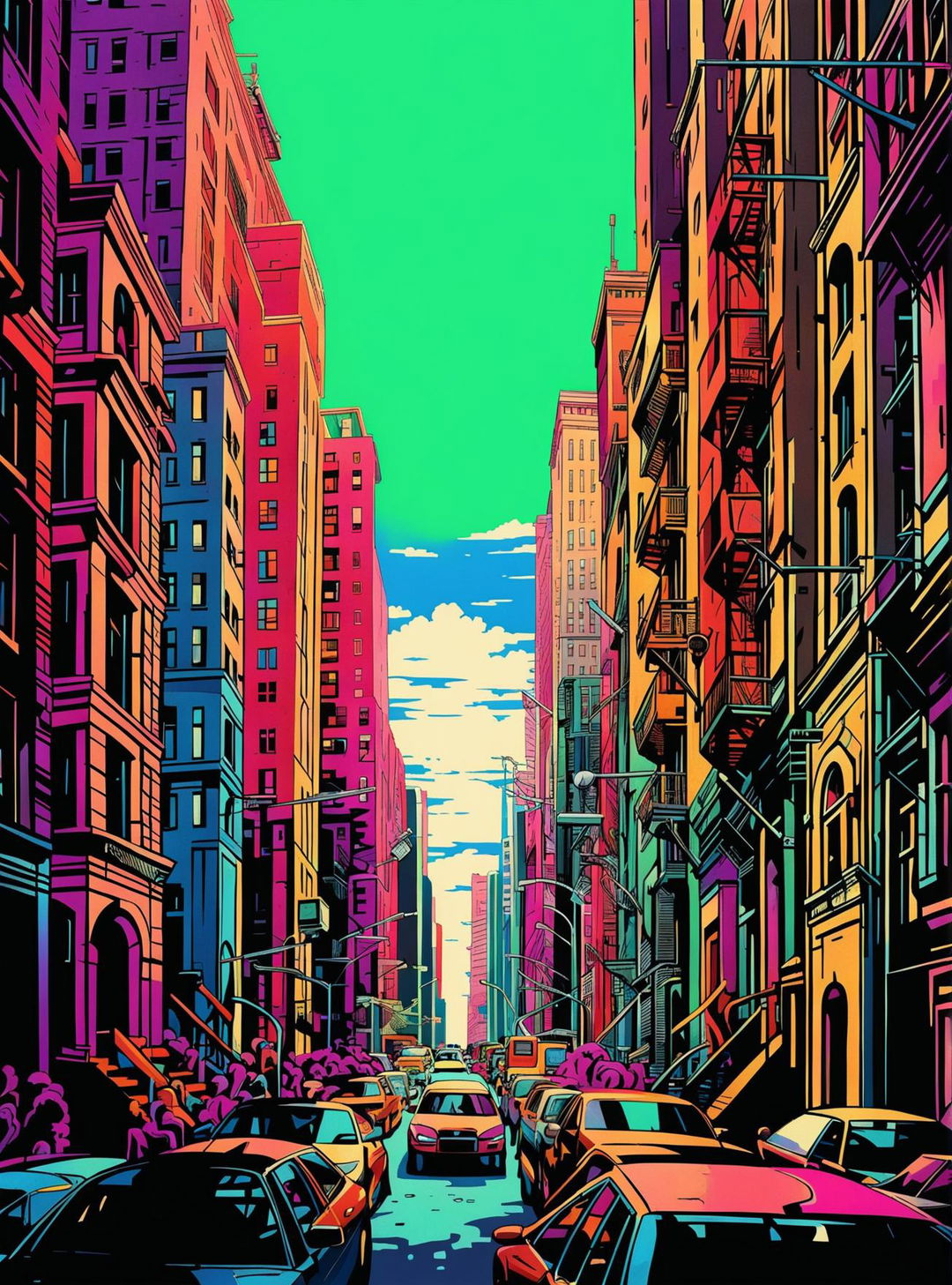 This revised digital art image delves deeper into the urban scene, with a denser crowd, taller buildings, and more pronounced street art