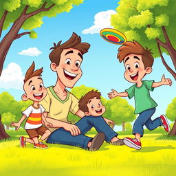 A vibrant and cheerful cartoon scene depicting a father playing with his two sons in a sunny park