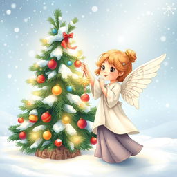 A beautiful and elegant little angel standing beside a magnificent New Year tree, delicately hanging a sparkling New Year's toy on the branches
