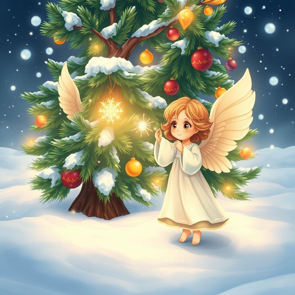 A beautiful and elegant little angel standing beside a magnificent New Year tree, delicately hanging a sparkling New Year's toy on the branches