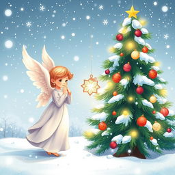 A beautiful and elegant little angel standing beside a magnificent New Year tree, delicately hanging a sparkling New Year's toy on the branches