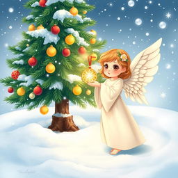 A beautiful and elegant little angel standing beside a magnificent New Year tree, delicately hanging a sparkling New Year's toy on the branches