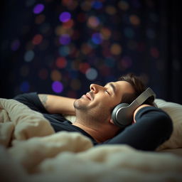 A man lounging comfortably on a soft bed, wearing headphones and deeply immersed in music