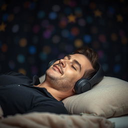 A man lounging comfortably on a soft bed, wearing headphones and deeply immersed in music