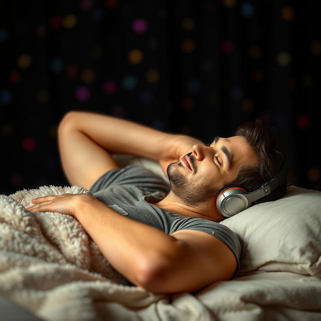 A man lounging comfortably on a soft bed, wearing headphones and deeply immersed in music