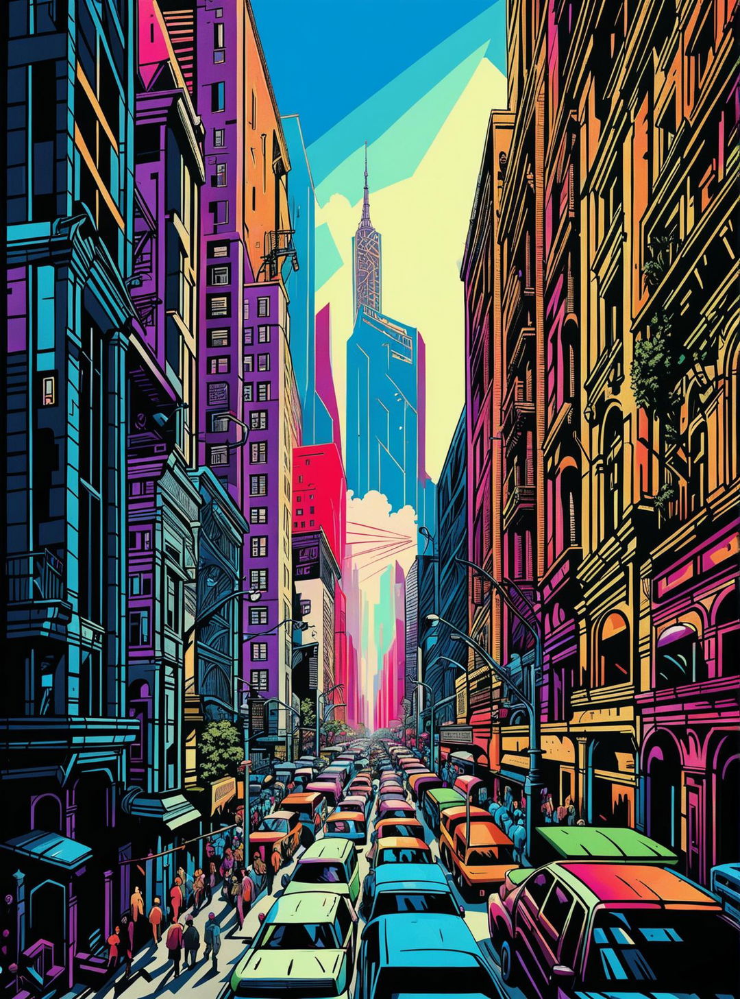 This digital art image is the ultimate representation of urban life, with a teeming crowd, towering buildings, and vibrant street art