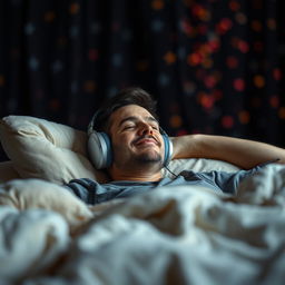 A man lounging comfortably on a soft bed, wearing headphones and deeply immersed in music